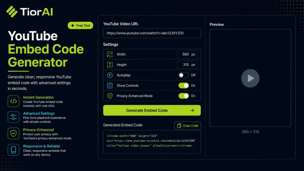 YouTube Embed Code Generator free online tool by TiorAI - interface preview