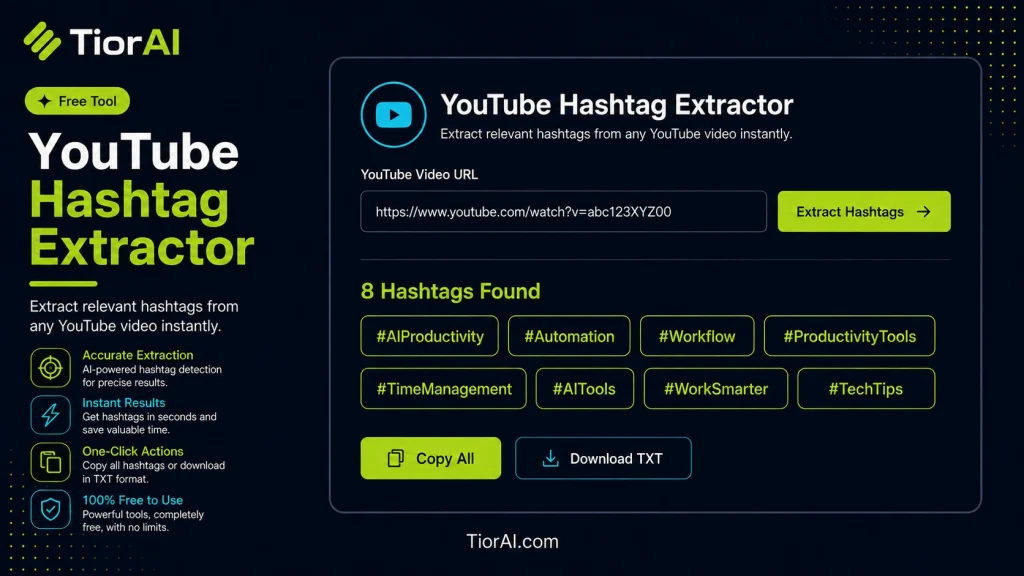 YouTube Hashtag Extractor free online tool by TiorAI - interface preview
