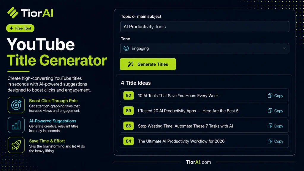 YouTube Title Generator free online tool by TiorAI - interface preview